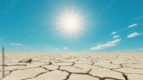Dry cracked earth under a scorching desert sun with a cloudless blue sky