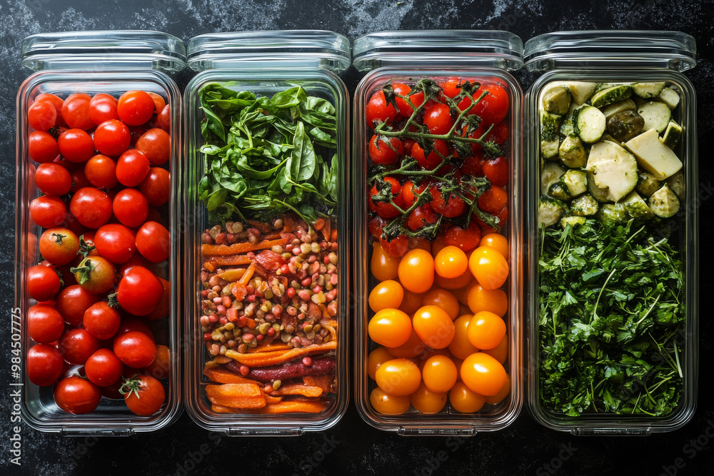 A row of four glass containers filled with a variety of vegetables and fruits A row of four glass containers filled with a variety of vegetables and fruits