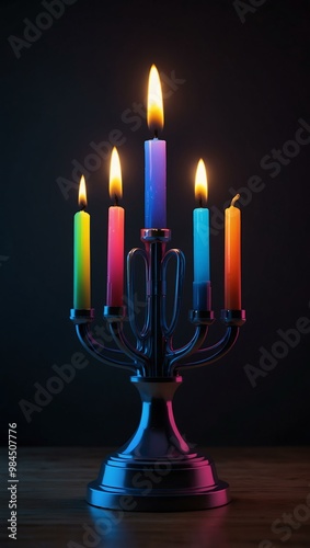 Futuristic Hanukkah candle with LED wick glowing in neon colors.