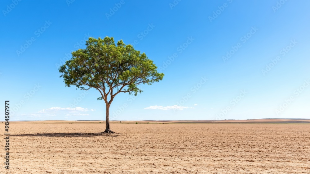 Lone Tree in Arid Desert Landscape with Serene Sky Lone Tree in Arid Desert Landscape with Serene Sky