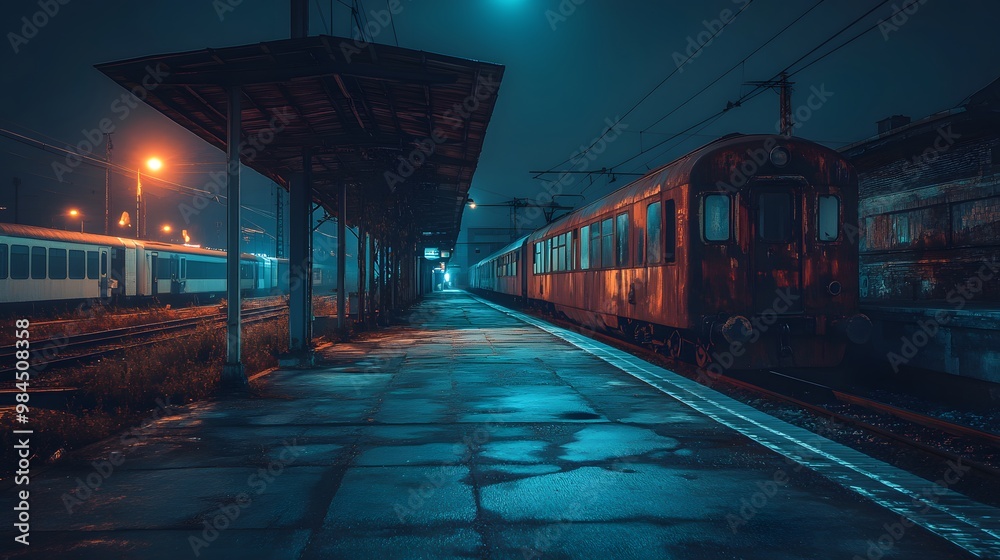 An empty train station platform at night, a train is parked with its lights off. An empty train station platform at night, a train is parked with its lights off.