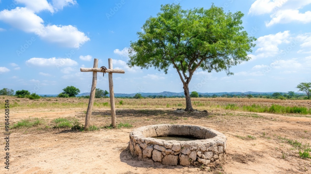 Serene Rural Landscape with Weathered Cross and Lone Tree in Grassy Field under Blue Sky