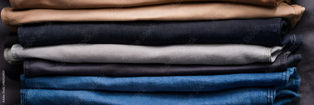 Pairs of Pants Neatly Stacked with Thick Jeans Fabric | Durable Denim and Organized Display Pairs of Pants Neatly Stacked with Thick Jeans Fabric | Durable Denim and Organized Display