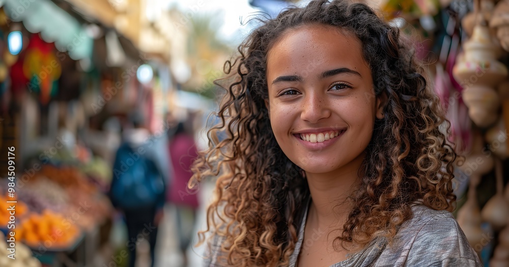 A happy, smiling portrait of a young woman with curly hair at a typical market, with the background somewhat blurred, Generative AI. A happy, smiling portrait of a young woman with curly hair at a typical market, with the background somewhat blurred, Generative AI.