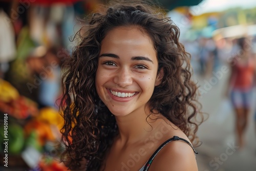 A happy, smiling portrait of a young woman with curly hair at a typical market, with the background somewhat blurred, Generative AI.