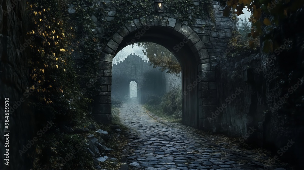 Obraz premium An ancient stone archway leads to an old medieval city. A cobblestone path winds through the gate, creating a dark and mysterious atmosphere. 