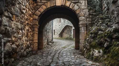 An ancient stone archway leads to an old medieval city. A cobblestone path winds through the gate, creating a dark and mysterious atmosphere. 
