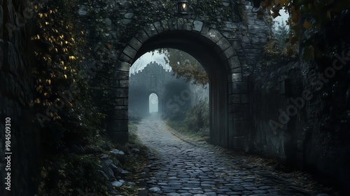 An ancient stone archway leads to an old medieval city. A cobblestone path winds through the gate, creating a dark and mysterious atmosphere. 