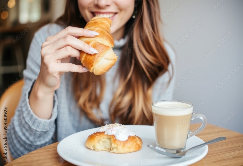 Woman enjoying a pastry A woman with long hair taking a bite of Woman enjoying a pastry A woman with long hair taking a bite of