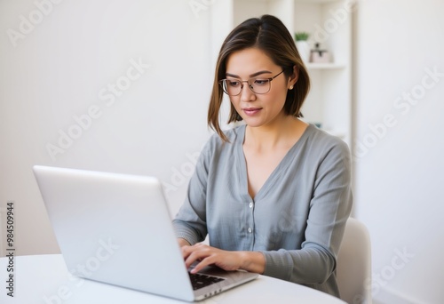 Woman Using Laptop A woman in her s typing on a laptop looking f