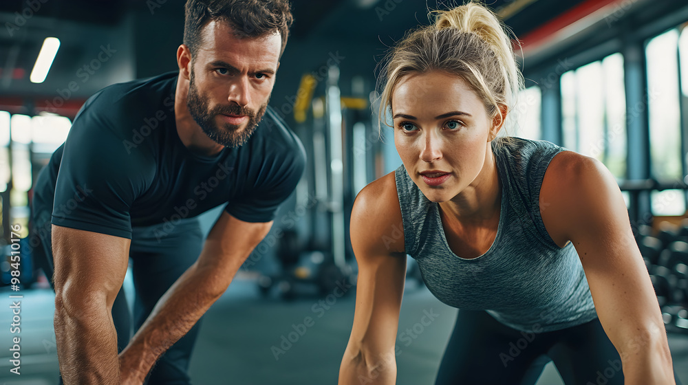 Personal trainer coaching client through strength training session Personal trainer coaching client through strength training session