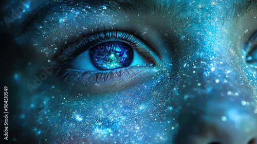 A serene face with universe reflected in eyes, showcasing cosmic beauty that captivates viewer. intricate details of stars and galaxies create mesmerizing effect