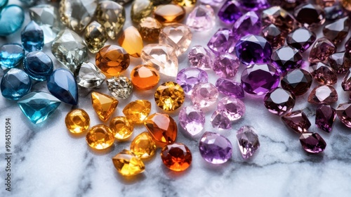 A vibrant collection of colorful gemstones, including topaz, amethyst, and garnet, laid out on a marble surface.