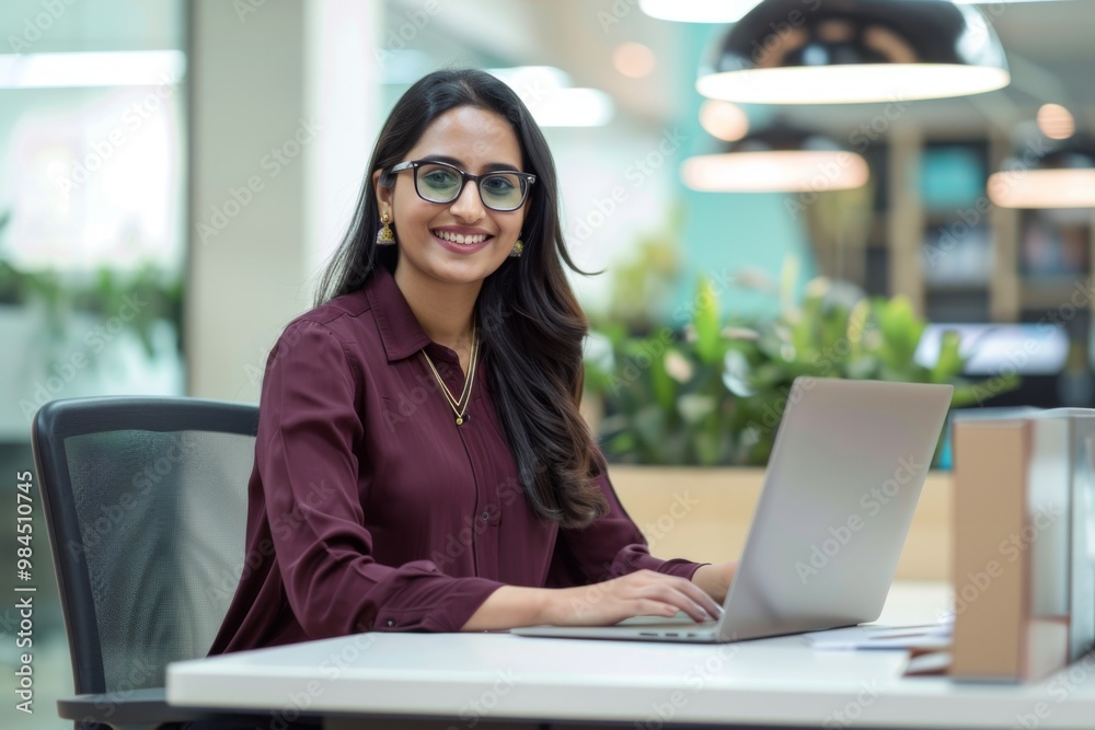 Focused Woman Working on Laptop in Office Focused Woman Working on Laptop in Office