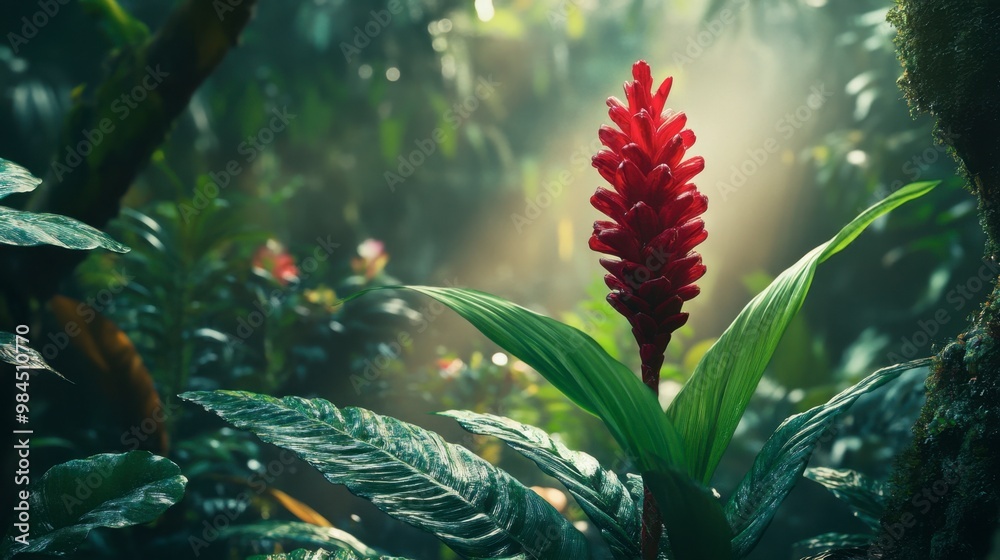 A vibrant red ginger flower standing tall amidst lush foliage in a tropical rainforest. A vibrant red ginger flower standing tall amidst lush foliage in a tropical rainforest.