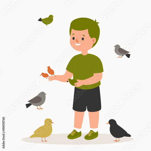 Vector illustration of a boy feeding birds, surrounded by colorful birds in a playful setting