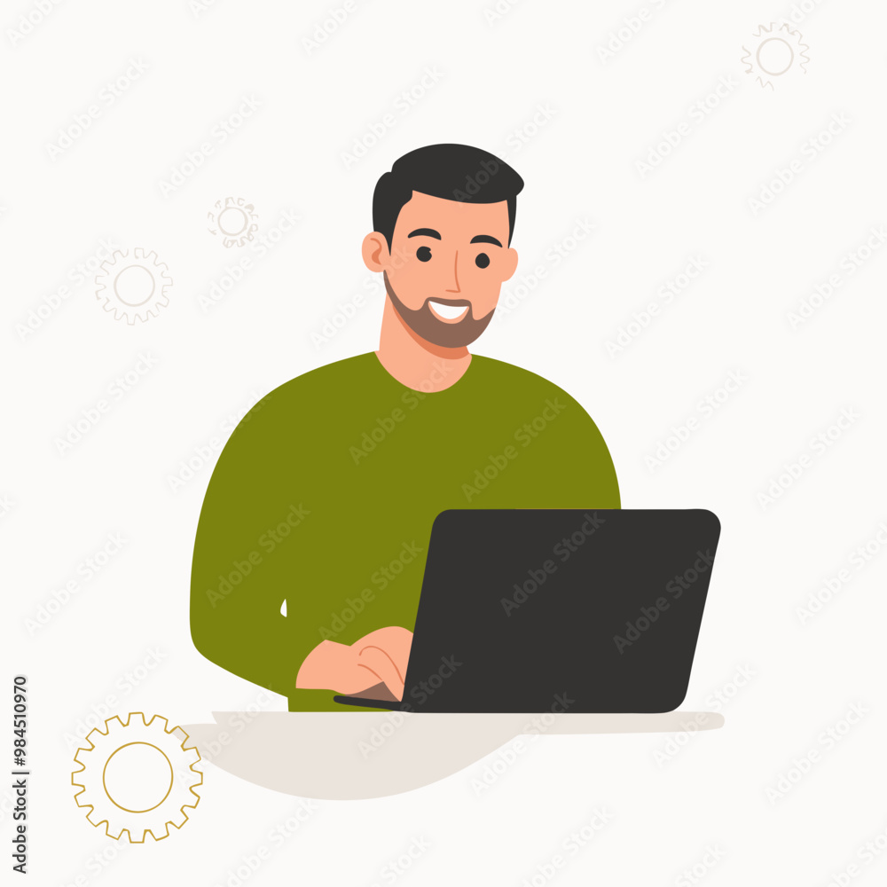 Vector illustration of a man happily working on a laptop, engaged in a productive task Vector illustration of a man happily working on a laptop, engaged in a productive task