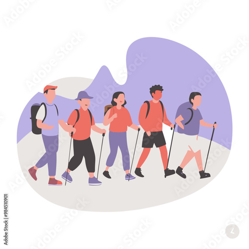 Vector illustration of a group of hikers trekking together on a trail in a scenic outdoor setting