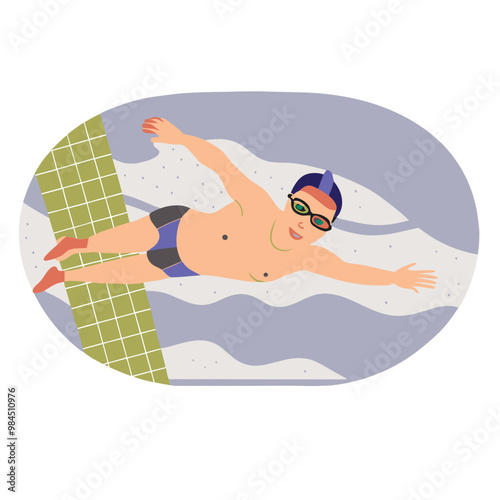 Vector illustration of a boy swimming happily in a pool, wearing goggles and enjoying the wate