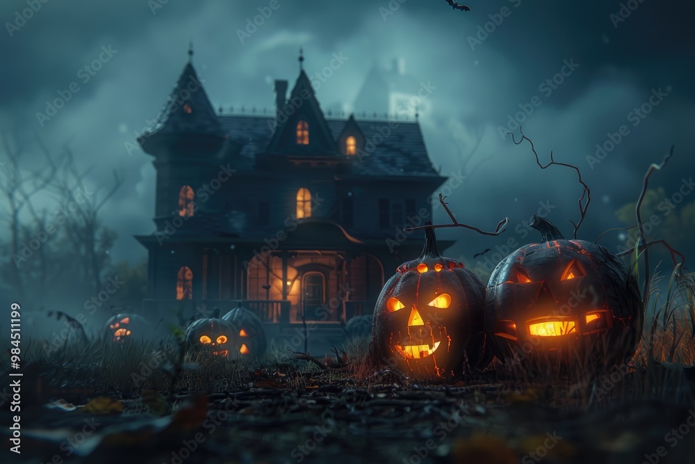 Spooky Halloween Jack-o'-Lanterns in Front of a Haunted House