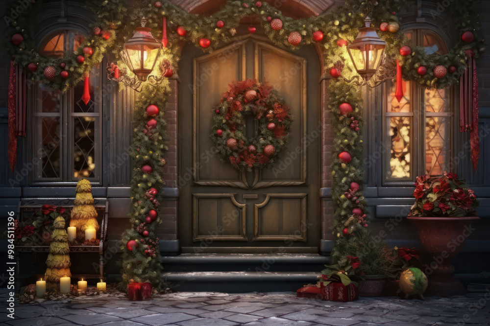 New Year's decorations on the house, garlands and balls, New Year's wreath on the door. AI generative New Year's decorations on the house, garlands and balls, New Year's wreath on the door. AI generative