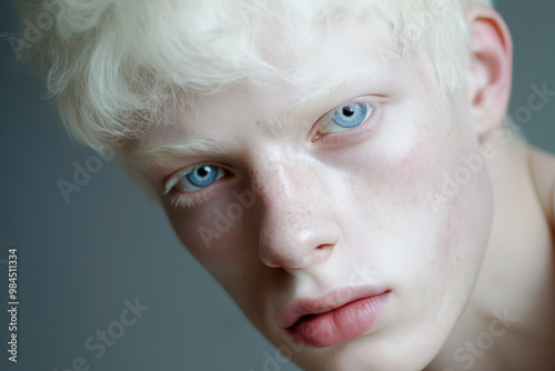 Close-up portrait of a young albino man with striking blue eyes and delicate features photo