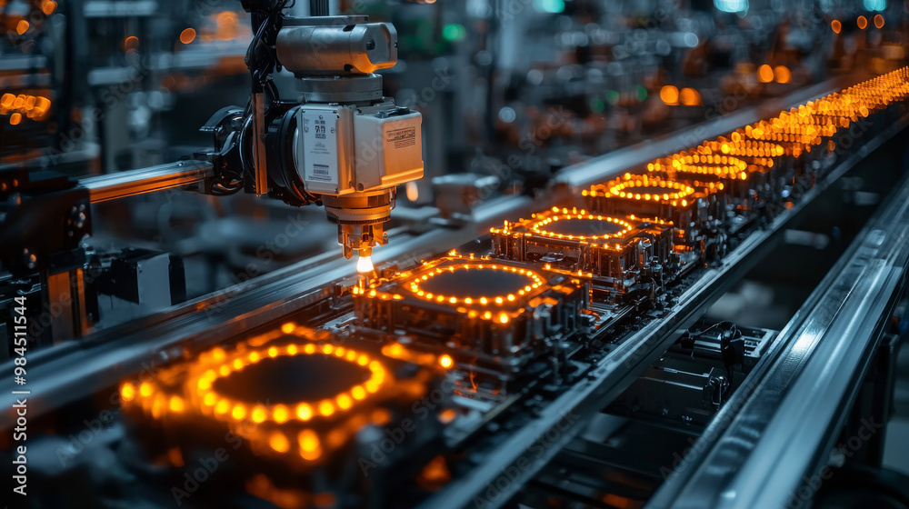 Automated manufacturing line with glowing parts. Automated manufacturing line with glowing parts.