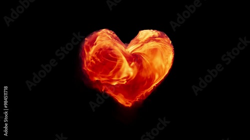 3D animation of red flames transforming into a heart shape. With alpha channel. The movement of the flames transforms into a heart shape.