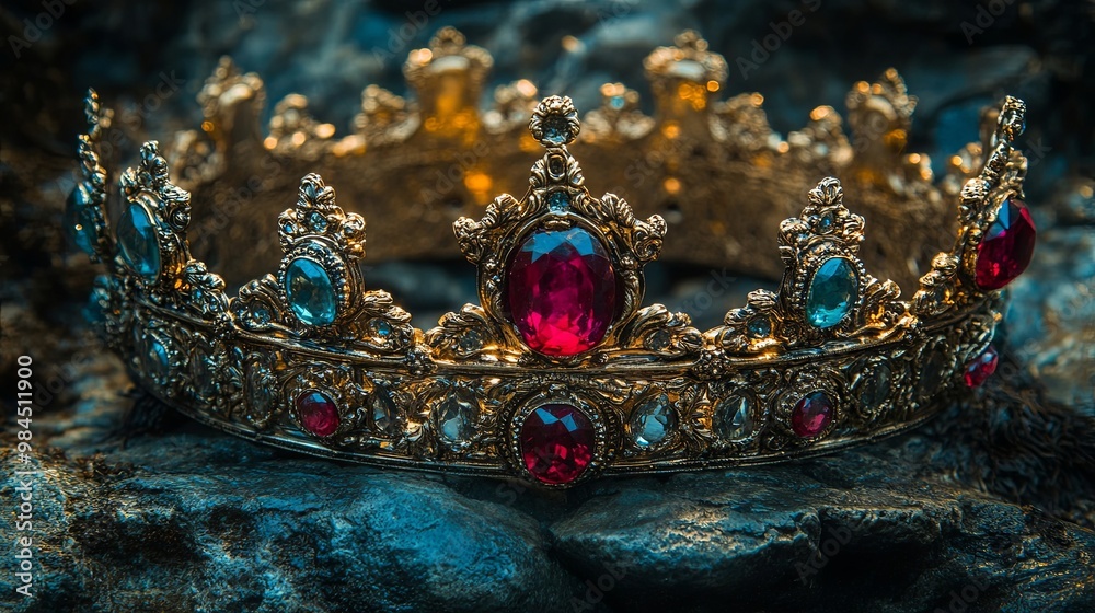 Obraz premium An Ornate Gold Crown Embellished With Red and Blue Gemstones Resting Upon Rough Stone