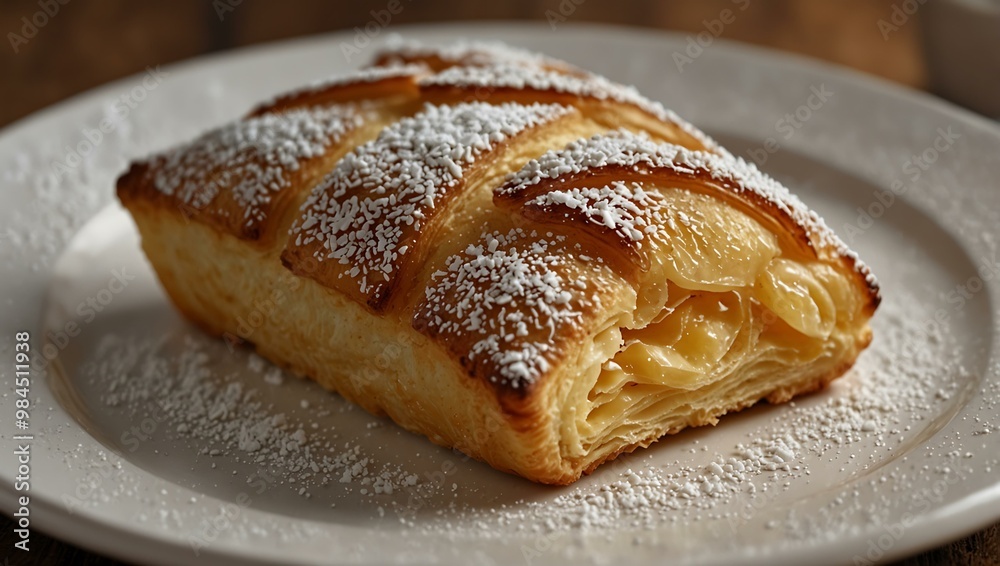 Golden-brown pastry with powdered sugar on a white plate. Golden-brown pastry with powdered sugar on a white plate.