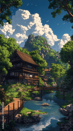 ranquil Mountain Retreat Anime-style landscape