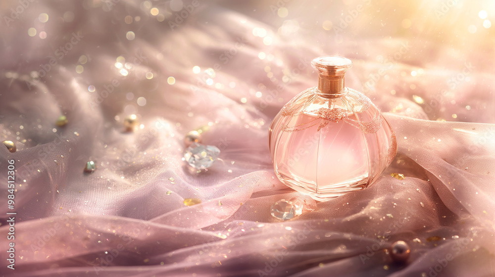 The transparent pink perfume bottle is placed on the soft, gauzy tablecloth with crystal decorations around it. The transparent pink perfume bottle is placed on the soft, gauzy tablecloth with crystal decorations around it.