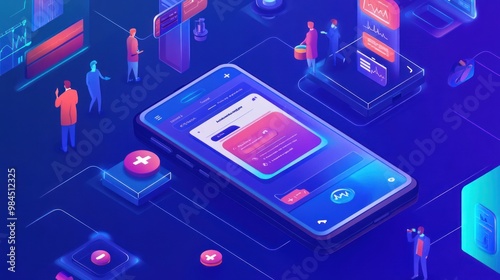 Wallpaper Mural A digital illustration showcasing a smartphone with interactive elements and data visuals. Torontodigital.ca