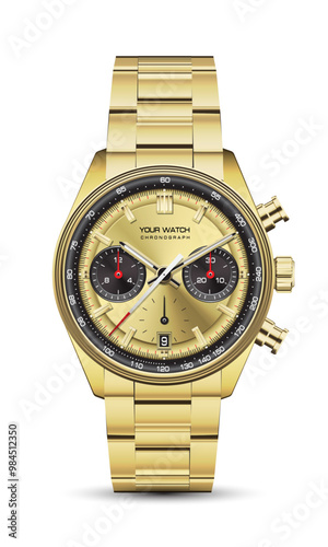 Realistic gold clock watch chronograph black red arrow white number design luxury classic for men on isolated background vector