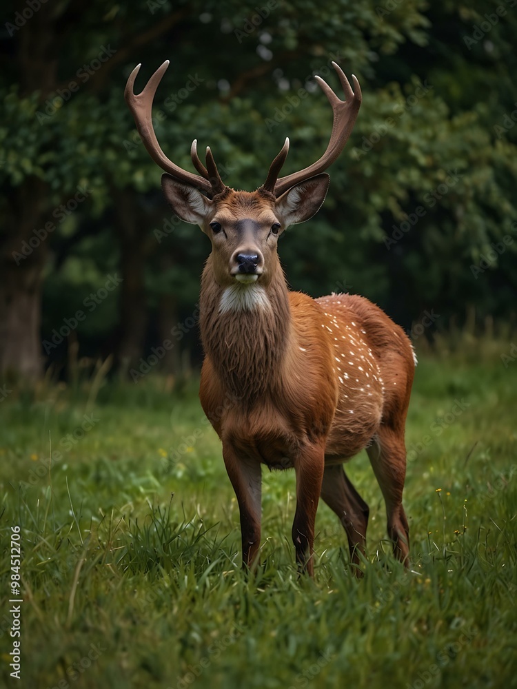 Graceful red deer hind in lush green grass. Graceful red deer hind in lush green grass.