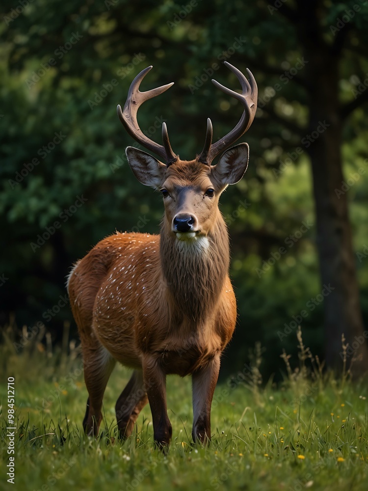 Graceful red deer hind in lush green grass. Graceful red deer hind in lush green grass.