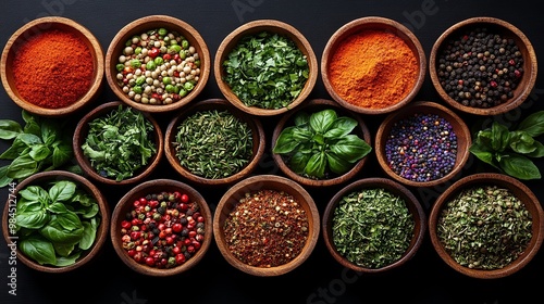 Aromatic Spices and Herbs in Wooden Bowls on a Dark Background