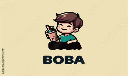 Cartoon boy enjoying boba tea; perfect for bubble tea shops, kidfriendly designs, vektor, baground, logo, beverage concepts, childrens menus, food blogs