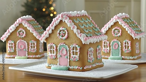 Beautifully Decorated Gingerbread Houses with Pastel Frosting and Sprinkles on a White Plate