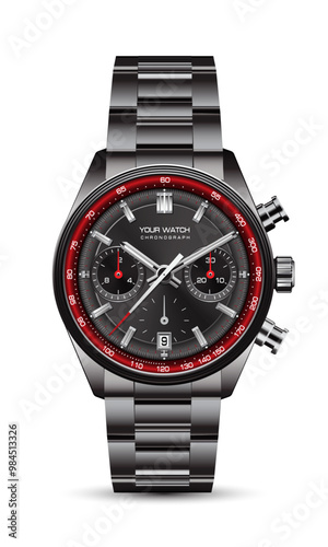 Realistic black steel red clock watch chronograph black red arrow white number design luxury classic for men on isolated background vector