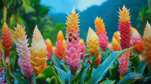 Colorful ginger flowers with bees pollinating them, in a vibrant and lively tropical garden.