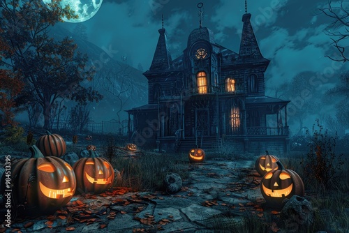 A spooky haunted house with lit jack-o'-lanterns on a cobblestone path on a dark, foggy Halloween night. photo