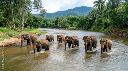 Wallpaper Mural Elephants bathing in the river at an ethical elephant sanctuary in Chiang Mai. Torontodigital.ca