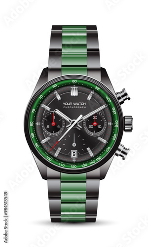 Realistic black steel green clock watch chronograph black red arrow white number design luxury classic for men on isolated background vector