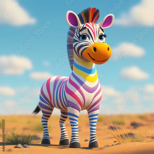 A vibrant and playful cartoon zebra stands in a colorful desert landscape, showcasing a mix of bright stripes and a cheerful expression. photo