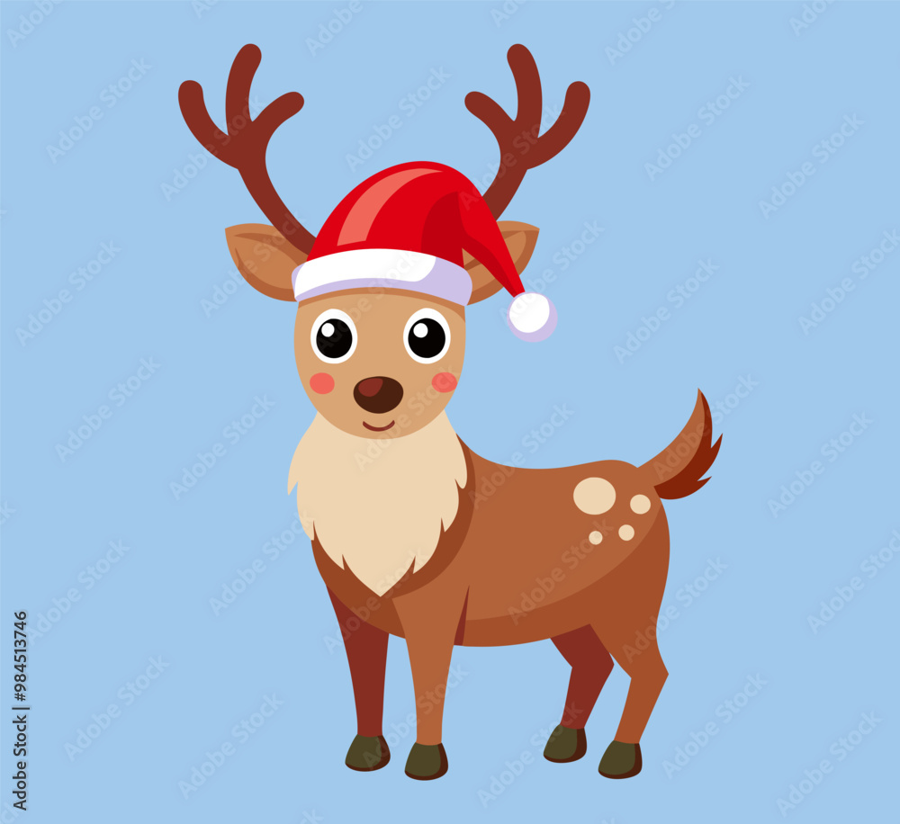 Fototapeta premium Cartoon reindeer in Santa Claus hat, vector illustration