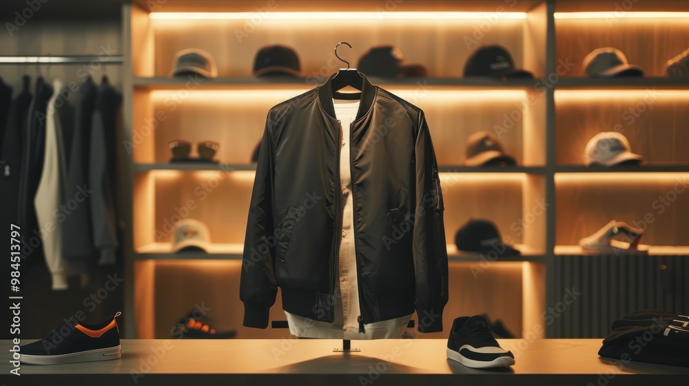 Black Bomber Jacket Displayed in a Modern Retail Store Black Bomber Jacket Displayed in a Modern Retail Store