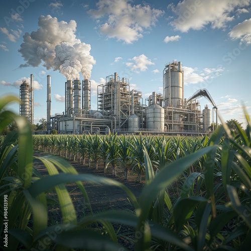 Ethyl alcohol and ethanol factory, renewable energy production from sugar cane, sugar cane plantation in front of a sustainable factory photo