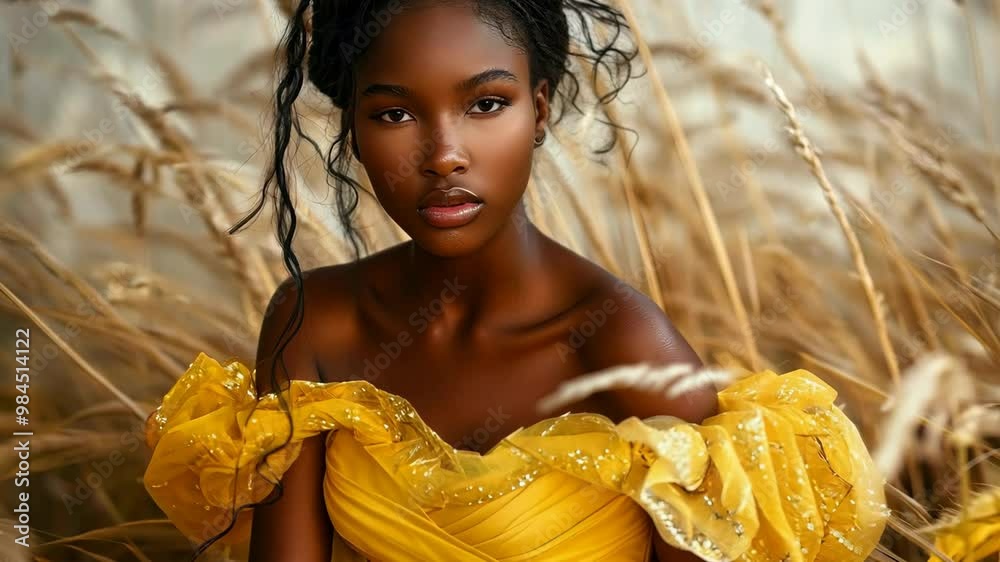 Elegant fashion showcase featuring a model in a vibrant yellow gown on a textured backdrop