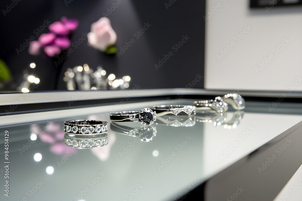 Elegant diamond rings displayed on a reflective glass surface with blurred flowers and soft lights in the background, creating a luxurious and romantic atmosphere Elegant diamond rings displayed on a reflective glass surface with blurred flowers and soft lights in the background, creating a luxurious and romantic atmosphere